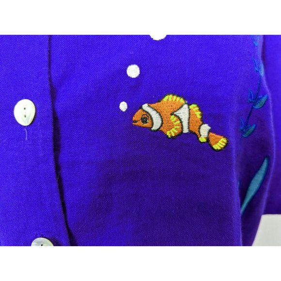 GONE Vintage 90s Top Dark Blue Fish Embroidered Short Sleeve Blouse Women's 20W - Picture 4 of 11